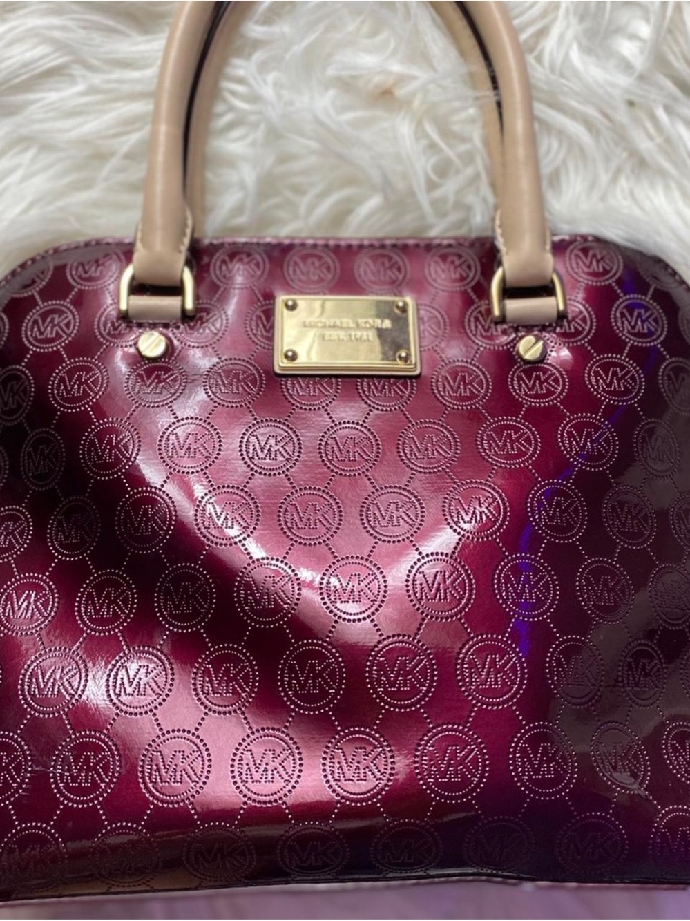 Michael Kors Burgundy Patent Logo Satchel with Beige Handles